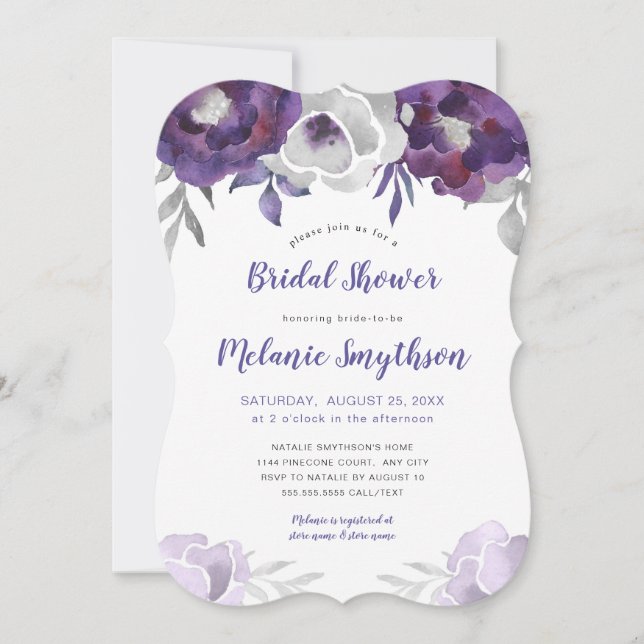 Purple Silver Watercolor Floral bridal shower Invitation (Front)