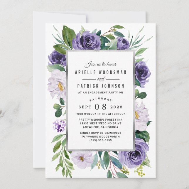 Purple Silver Watercolor Floral Engagement Party Invitation (Front)