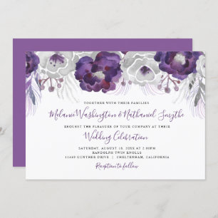 Purple Silver Watercolor Floral wedding Invitation
