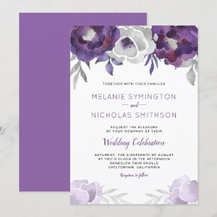 Purple Silver Watercolor Floral wedding invitation