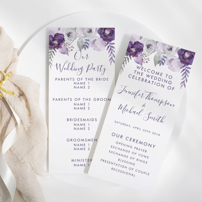 Purple & Silver Watercolor Floral Wedding Program (Purple & Silver Watercolor Floral Wedding Program)