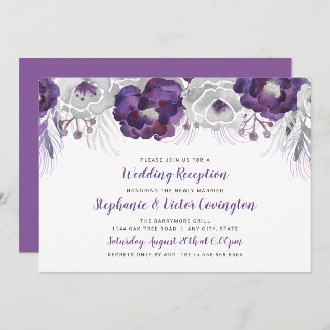Purple Silver Watercolor Floral wedding reception Invitation (Front/Back)