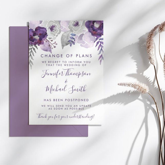 Purple & Silver Watercolor Wedding Change of Plans Invitation (Purple & Silver Watercolor Wedding Change of Plans)