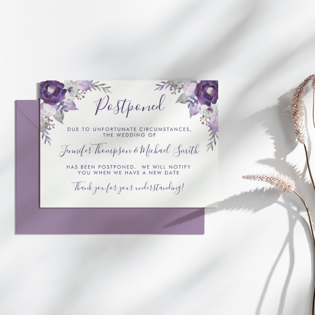 Purple & Silver Watercolor Wedding Change of Plans Invitation (Purple & Silver Watercolor Wedding Change of Plans Invitation)