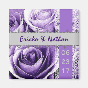 Purple & Silver Wedding Rose Bouquet with Lace Magnet