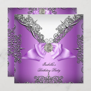 Purple Silver white Birthday Party Invitation