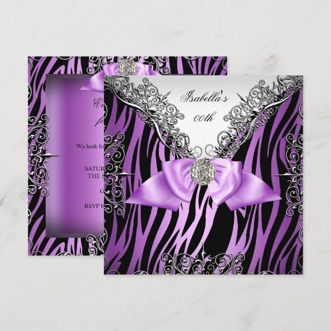 Purple Silver White Black Zebra Birthday Party Invitation (Front/Back)