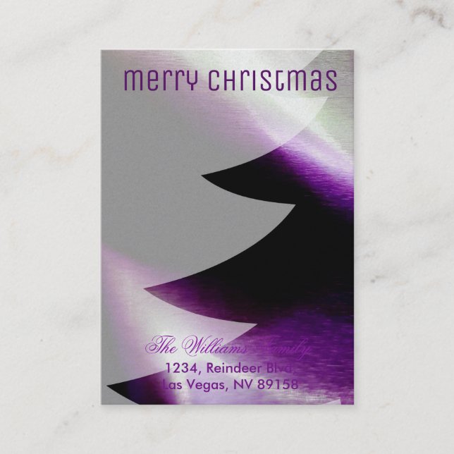 Purple Silver White Christmas Tree Elegant Stylish Business Card (Front)
