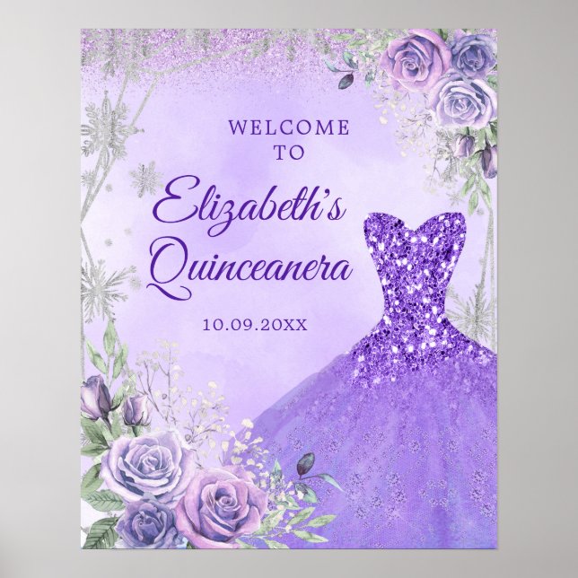 Purple Silver Winter Floral Quinceañera Welcome Poster (Front)