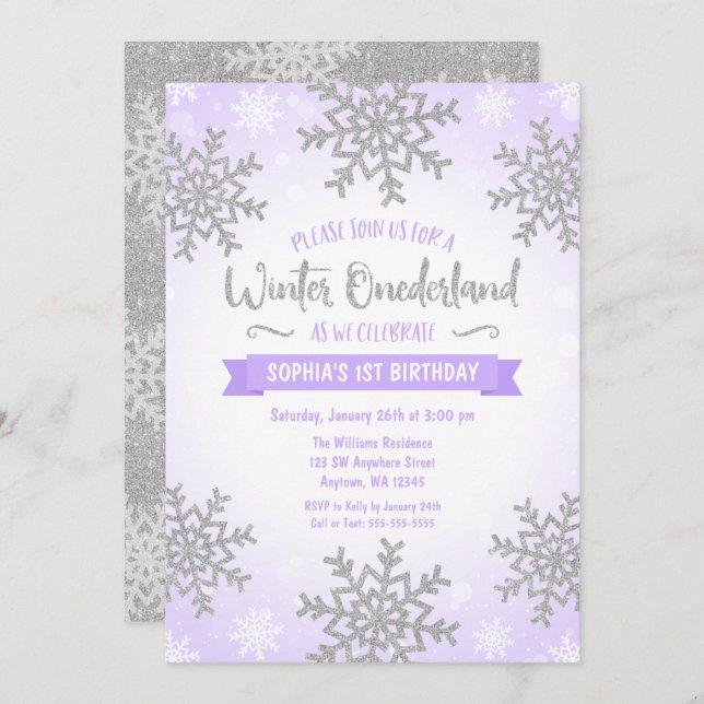 Purple Silver Winter ONEderland 1st Birthday Invitation (Front/Back)