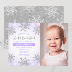 Purple Silver Winter ONEderland 1st Birthday Photo Invitation