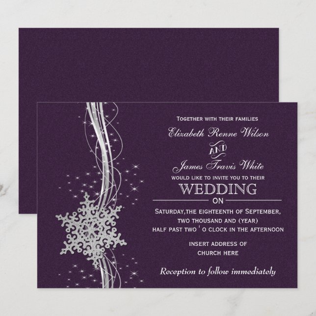 purple Silver Winter wedding invitations (Front/Back)