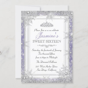 Purple Silver Winter Wonderland Sweet 16 Invite