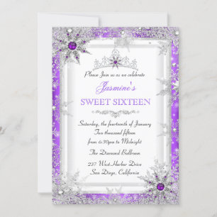 Purple Silver Winter Wonderland Sweet 16 Snowflake Invitation