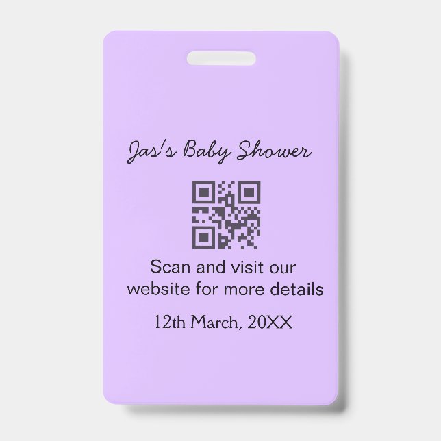 Purple simple baby shower q r code add name text ID badge (Front)