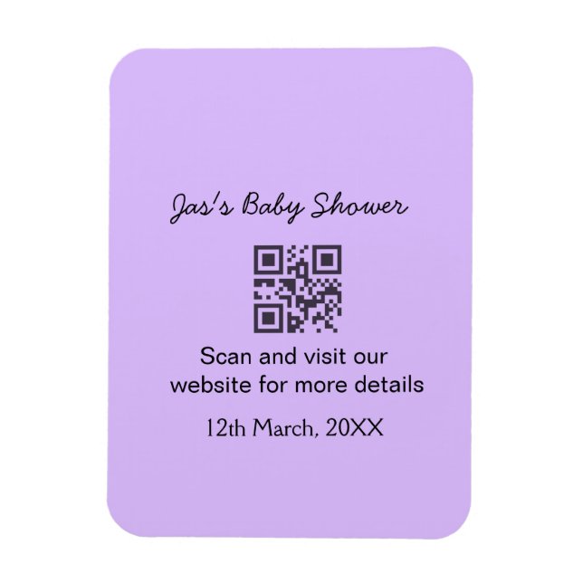Purple simple baby shower q r code add name text magnet (Vertical)
