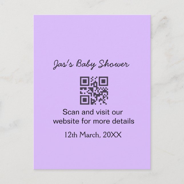 Purple simple baby shower q r code add name text postcard (Front)
