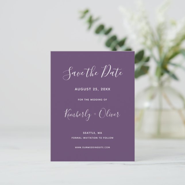Purple Simple Calligraphy Modern Wedding  Announcement Postcard (Standing Front)