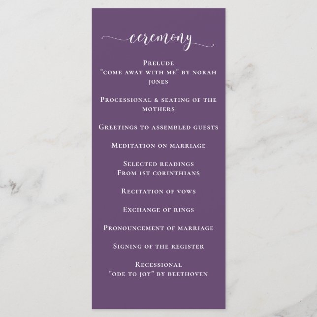 Purple Simple Calligraphy Modern Wedding  Program (Front)