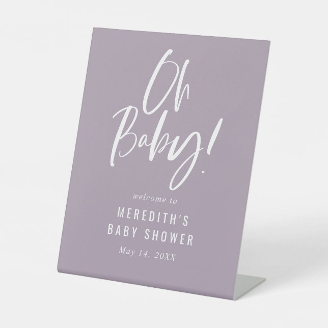 Purple Simple Calligraphy Neutral Baby Shower Pedestal Sign (Front)