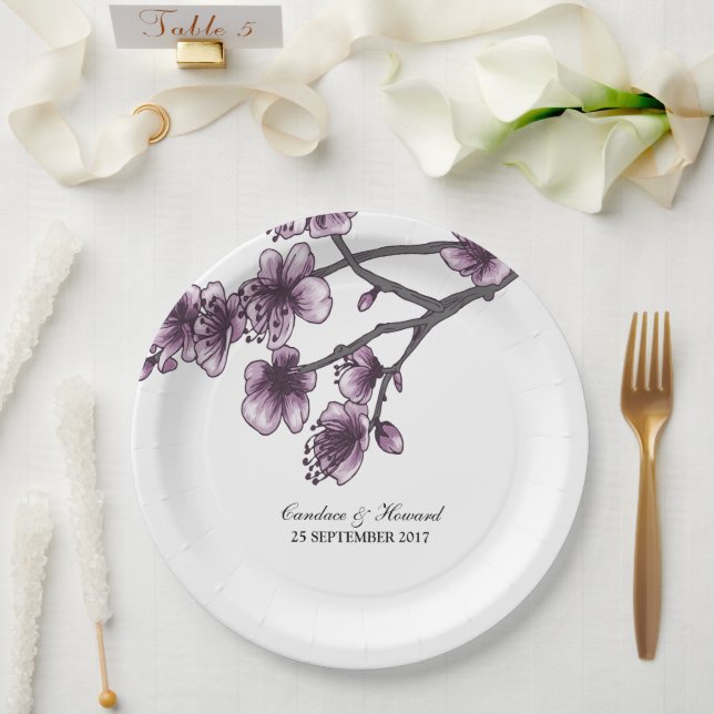 Purple Simple Cherry Blossoms Paper Plates (Wedding)