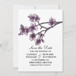 Purple Simple Cherry Blossoms Save the Date Invite