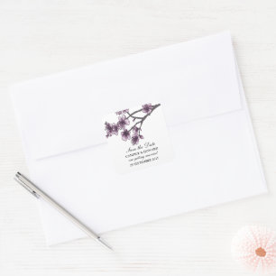Purple Simple Cherry Blossoms Save the Date Square Sticker