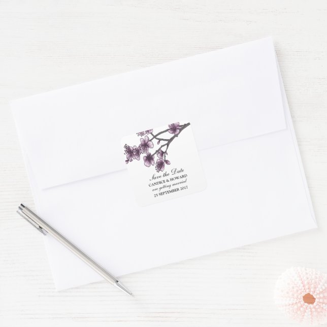 Purple Simple Cherry Blossoms Save the Date Square Sticker (Envelope)