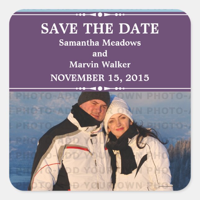 Purple Simple Chic Photo Save the Date Stickers (Front)