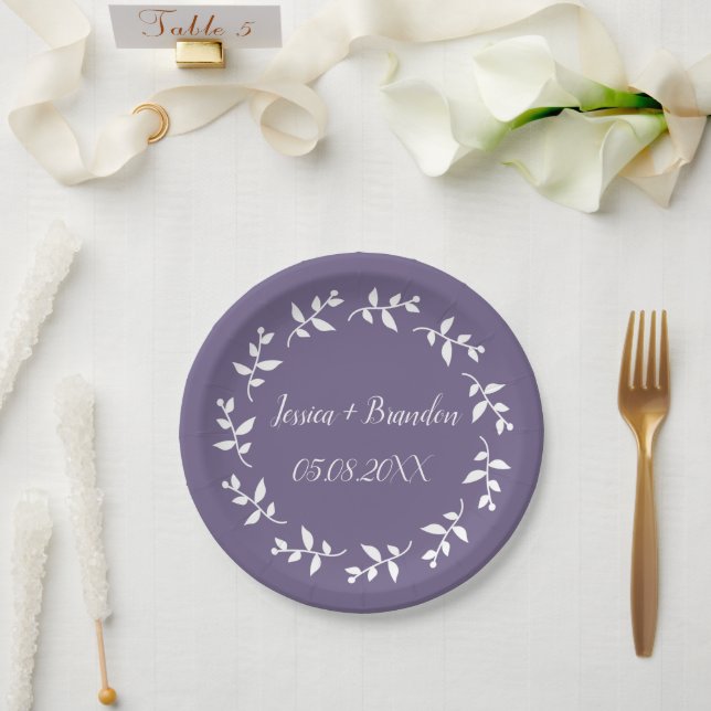 Purple Simple Elegant Minimalist Wedding  Paper Plate (Wedding)