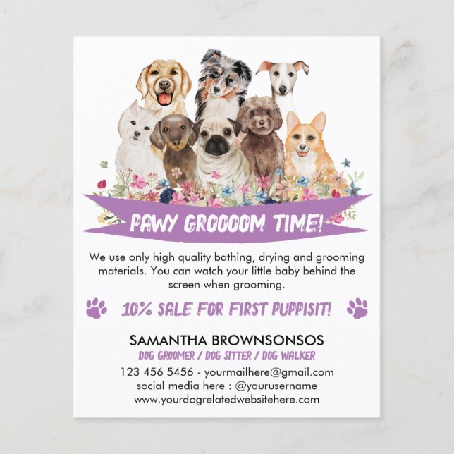 Purple Simple Floral Illustrated Dog groomer Flyer (Front)