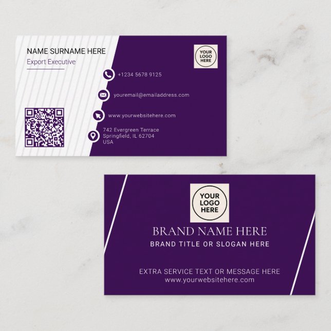 Purple Simple Formal QR Code Professional Modern Business Card (Front/Back)