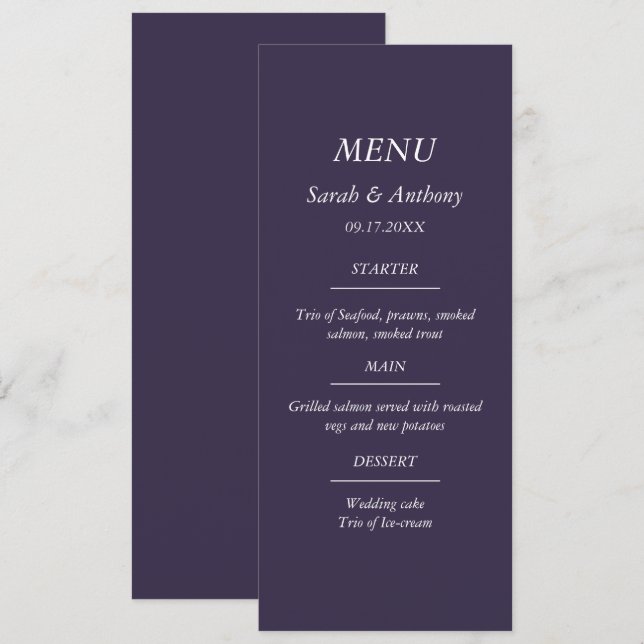 Purple Simple Minimalist Elegant Wedding Food  Menu (Front/Back)