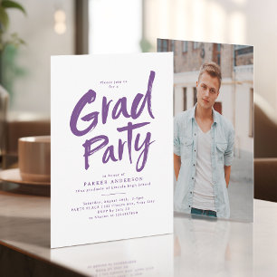 Purple Simple Modern Brush Script Grad Party Invitation