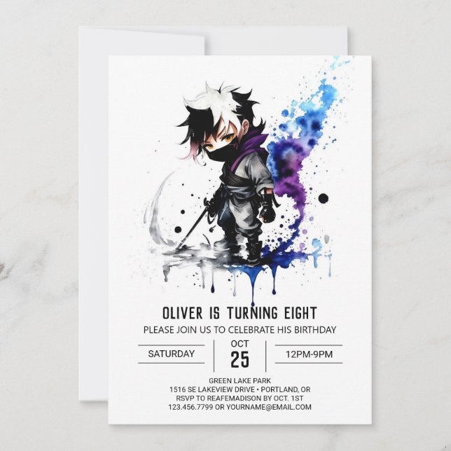 Purple Simple Ninja Boy Digital Birthday Invitation (Front)