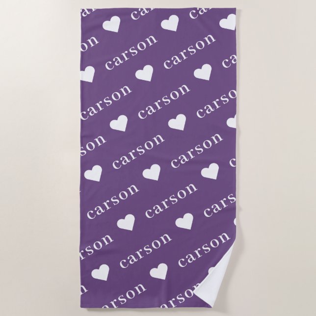 Purple Simple Personalised Repeating Name Beach Towel (Front)