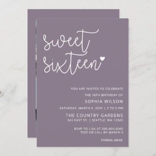 Purple Simple Script Sweet 16 Birthday Photo Invitation