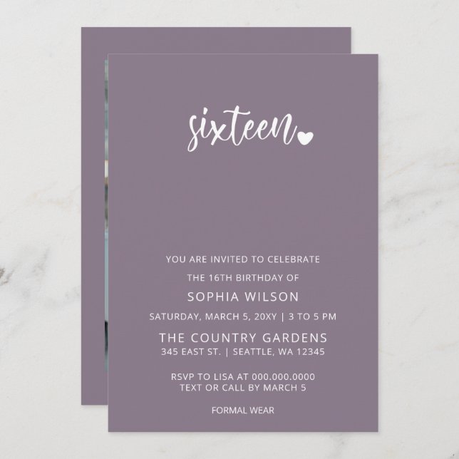 Purple Simple Script Sweet 16 Birthday Photo Invitation (Front/Back)