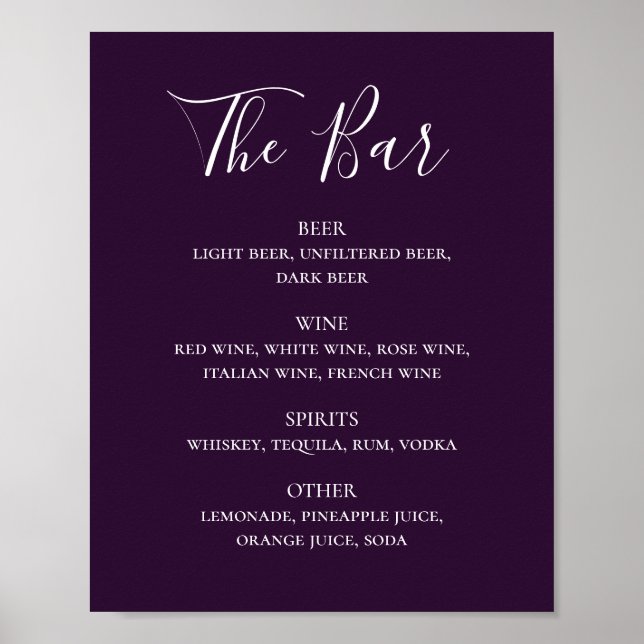Purple simple script wedding drinks bar menu poster (Front)