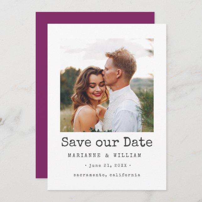 Purple Simple SQUARE Photo wedding save the date (Front/Back)