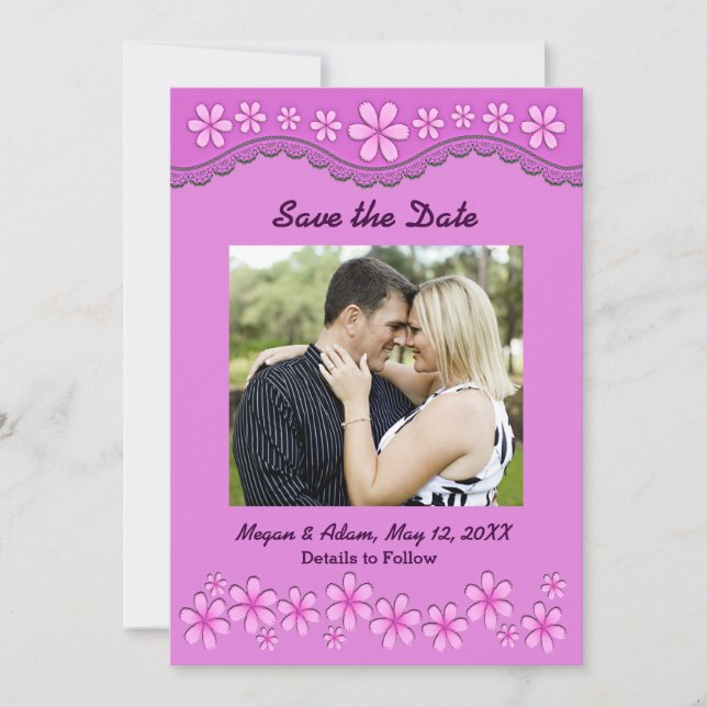 Purple Six Petal Pink Flowers Save the Date Card (Front)