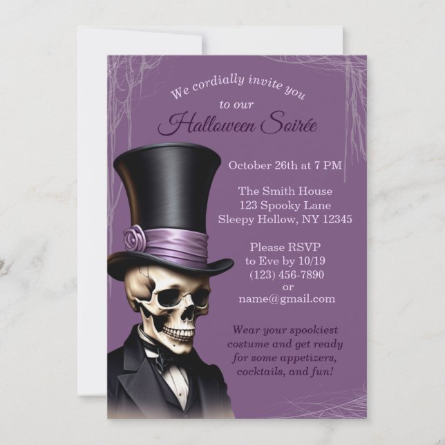 Purple Skeleton Elegant Halloween Invitation (Front)