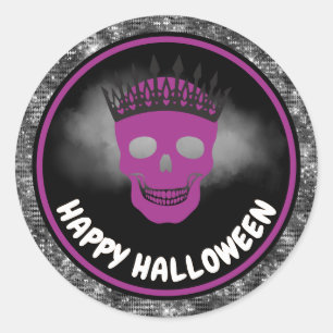 Purple Skull Queen & Black Glitter Halloween Classic Round Sticker