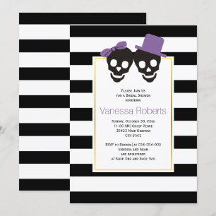 Purple skulls and stripes wedding bridal shower invitation