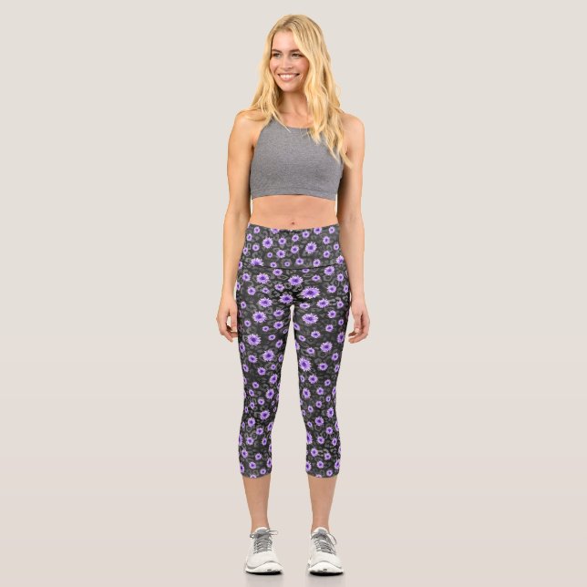 Purple Skulls and Sunflower Series Design 11 Capri Leggings (Front)