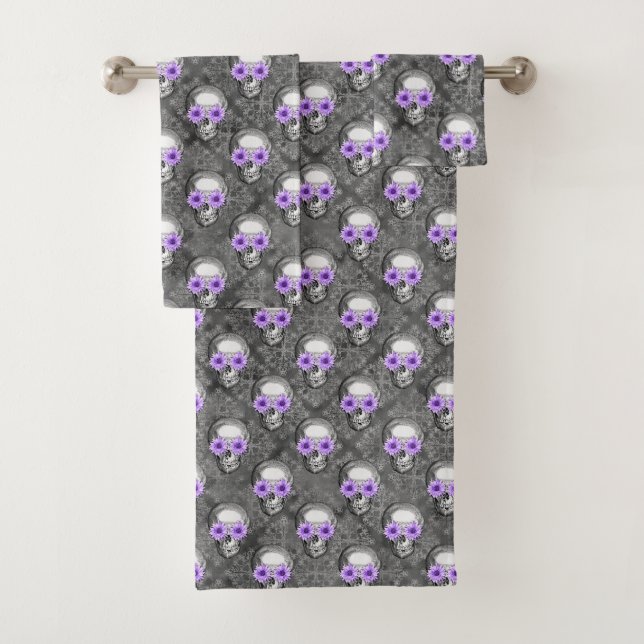Purple Skulls and Sunflower Series Design 3  Bath Towel Set (Insitu)