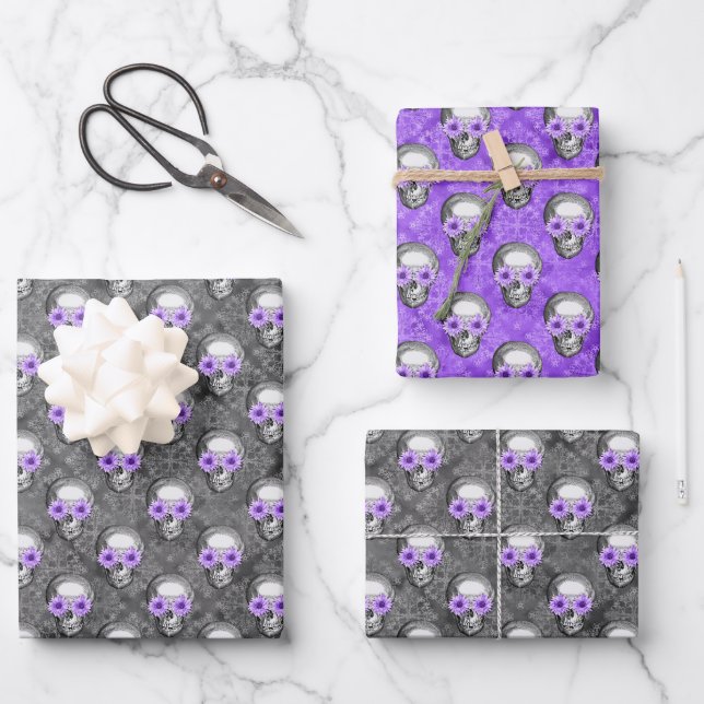 Purple Skulls and Sunflower Series Design 3  Wrapping Paper Sheet (Front)