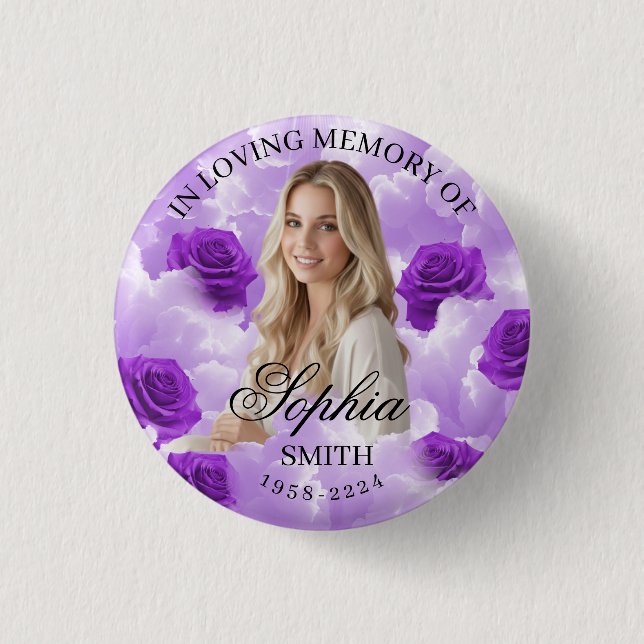 Purple Sky Roses Funeral Memorial Button Keepsake (Front)