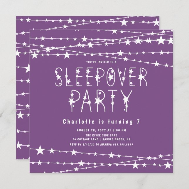 Purple Sleepover Birthday Party Invitation (Front/Back)