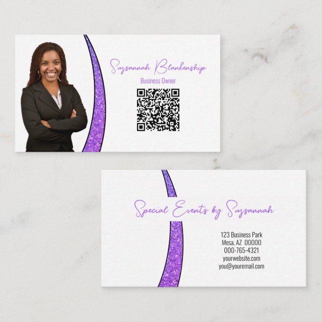 Purple Sliver Faux Glitter Photo QR Professional  Business Card (Front/Back)